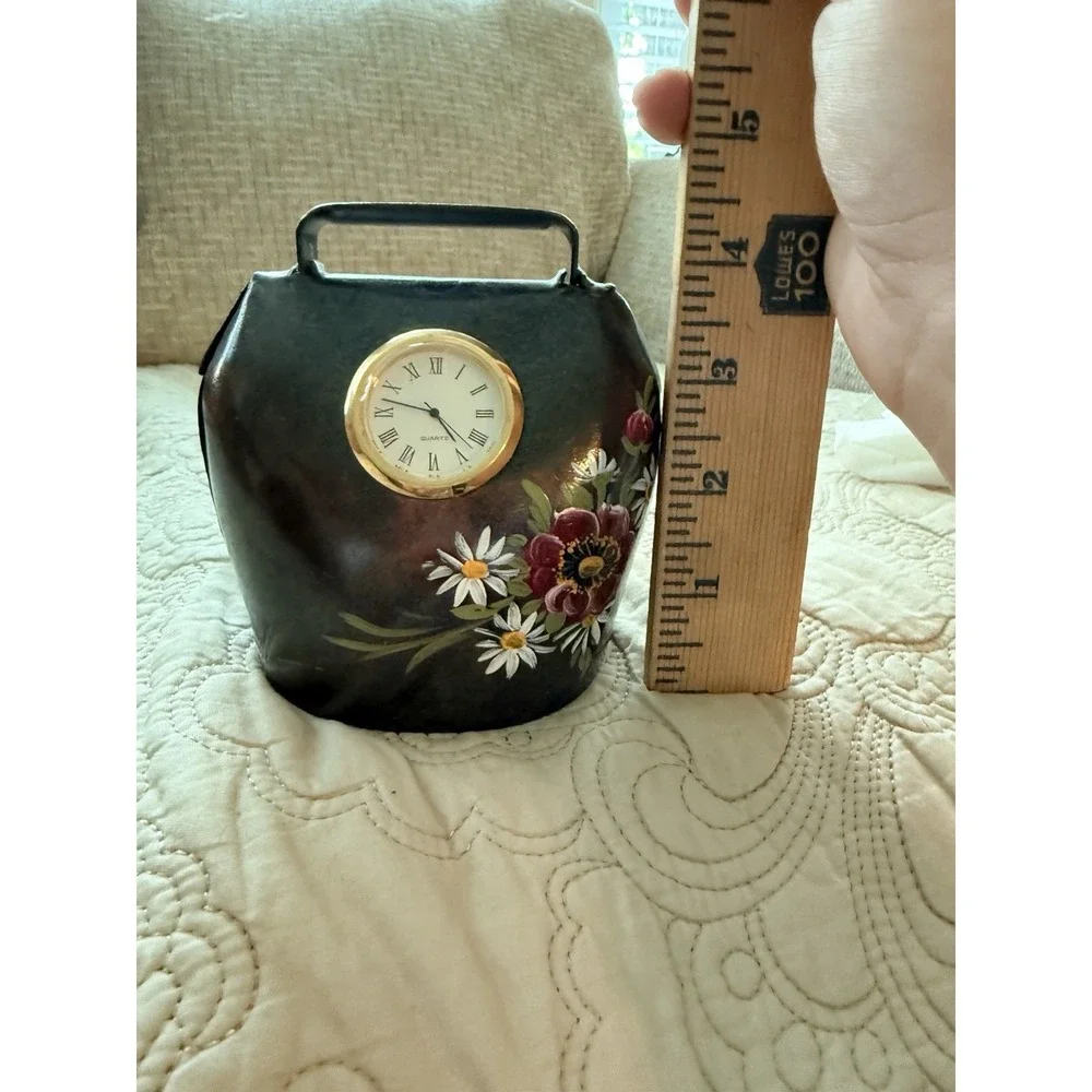 VTG Handpainted Folk Art Floral Metal Cow Bell W/ Faux Clock